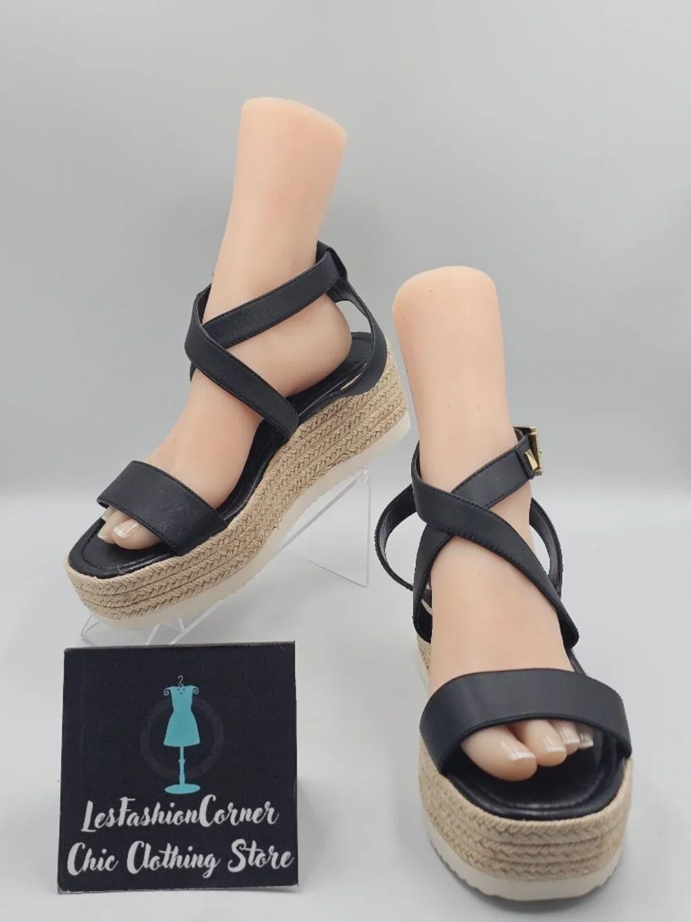 NWOB Michael Kors Women's Black Leather Lowry Espadrille Sandals Size 10 3720